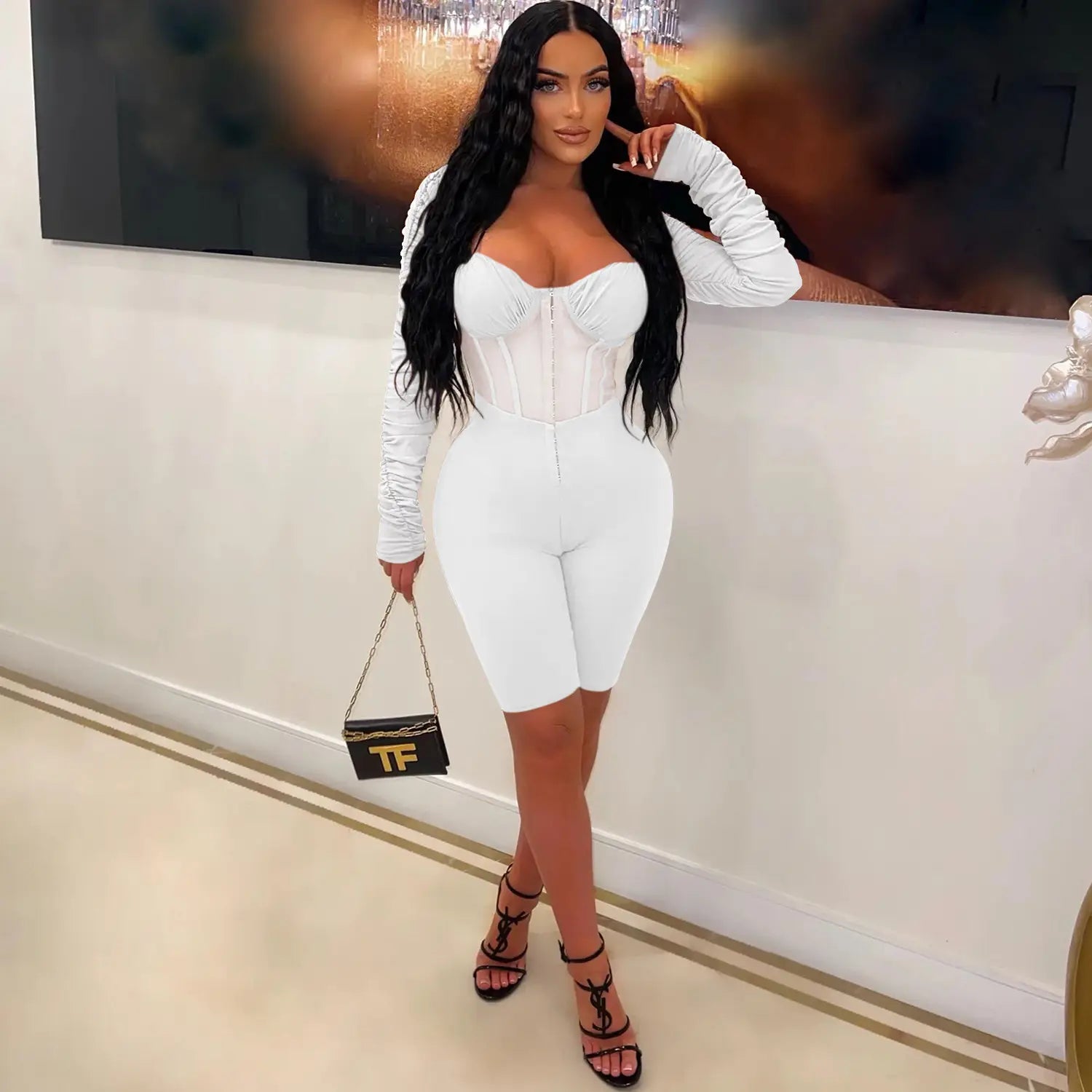 Fashion women’s solid color long sleeve short pants mesh sheer jumpsuit