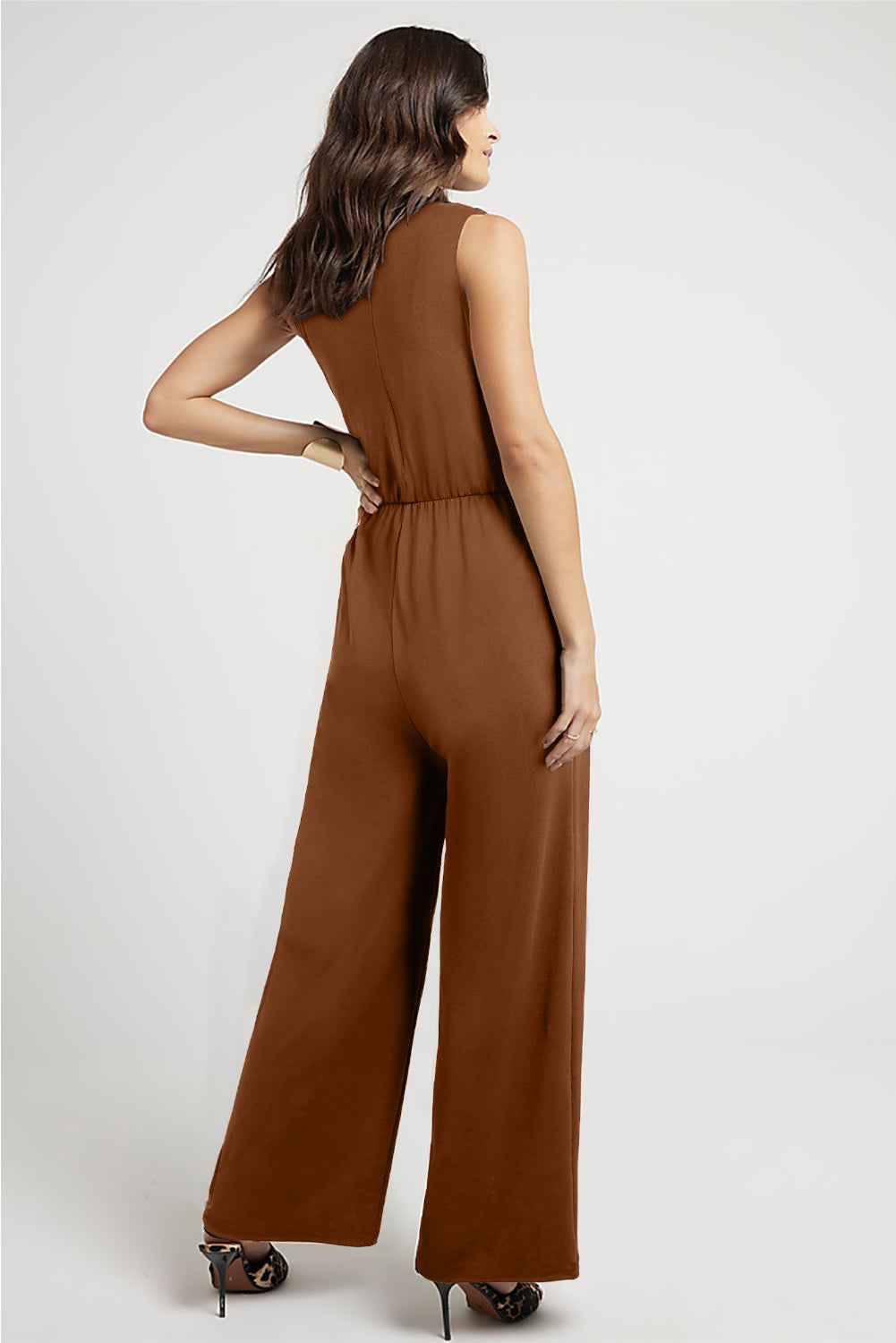 Clay Buckle Sash Detail Sleeveless Loose Jumpsuit