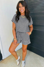 Black Stripe Breathable Textured Knit Short 2pcs Set