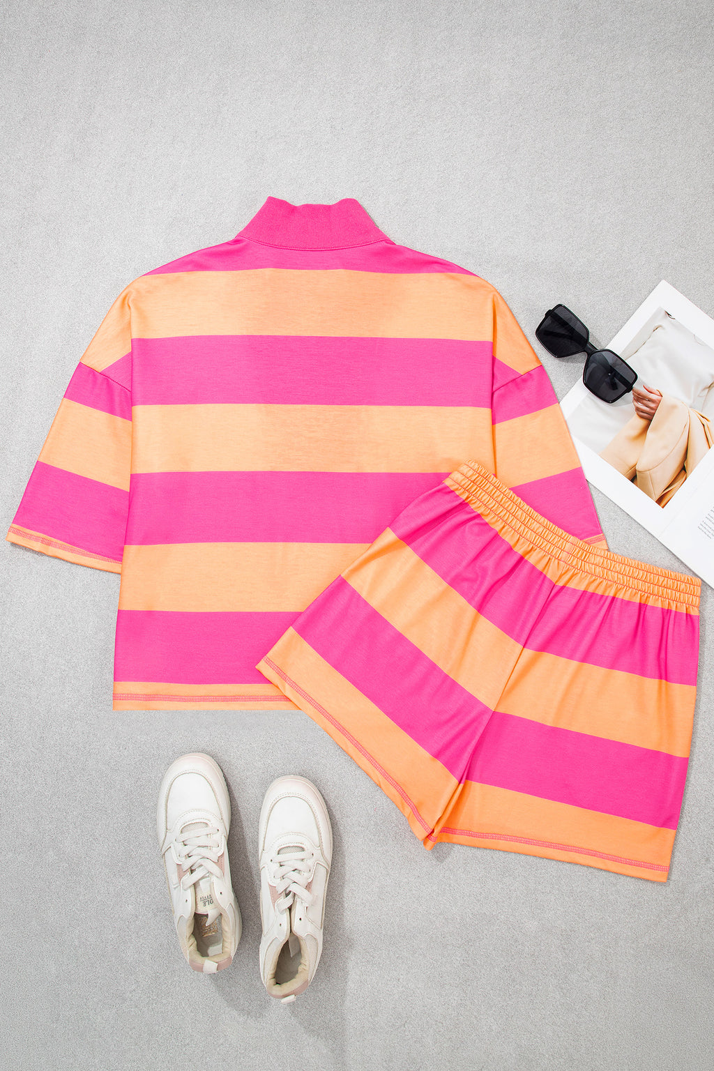 Pink Seam Detail Half Zip Tee Casual Shorts 2pcs Set
