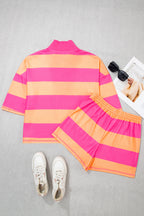Pink Seam Detail Half Zip Tee Casual Shorts 2pcs Set