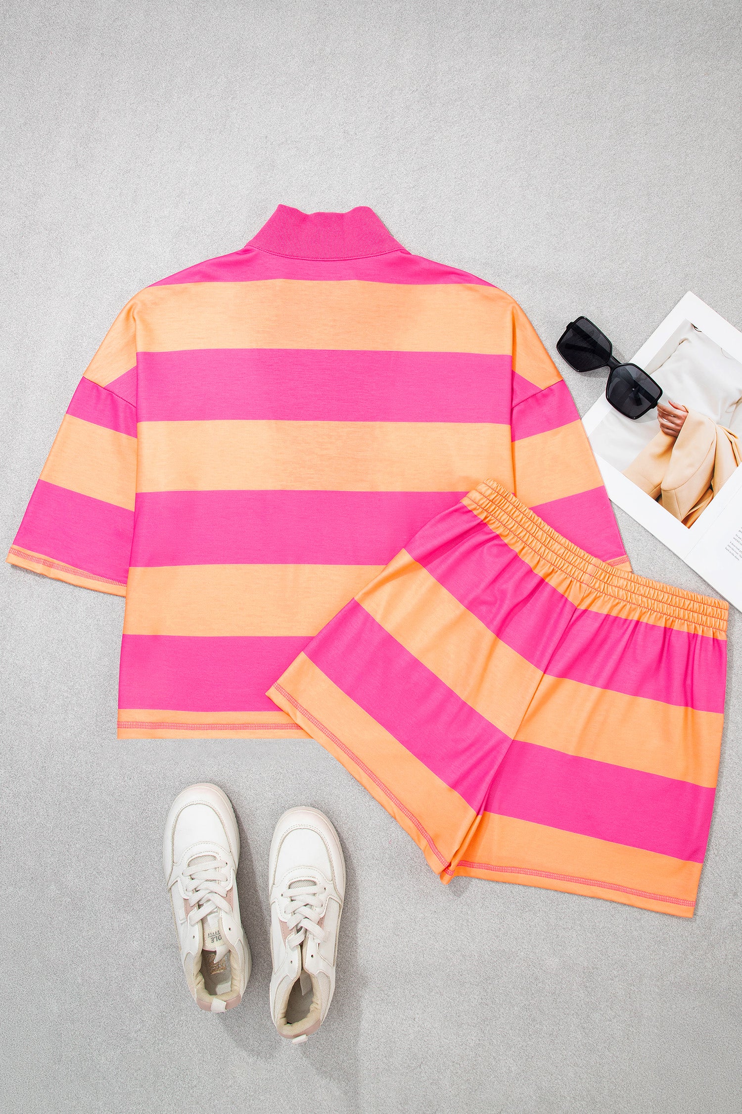 Pink Seam Detail Half Zip Tee Casual Shorts 2pcs Set