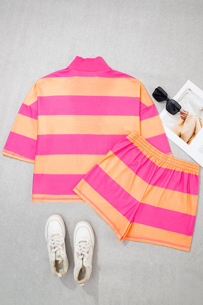 Pink Seam Detail Half Zip Tee Casual Shorts 2pcs Set