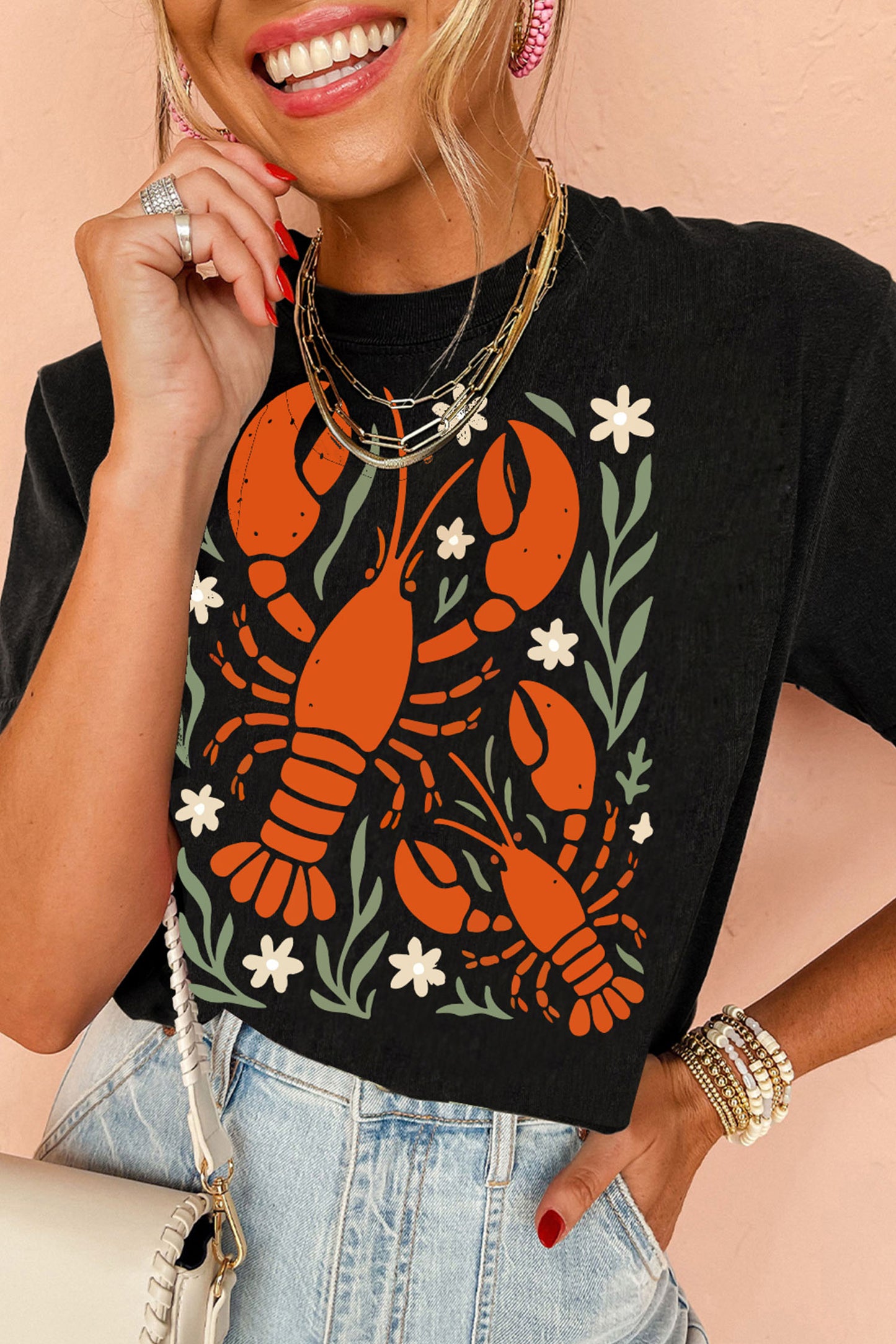 Black Western Lobster Print Loose Summer Tee