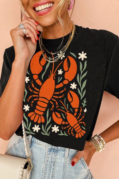 Black Western Lobster Print Loose Summer Tee