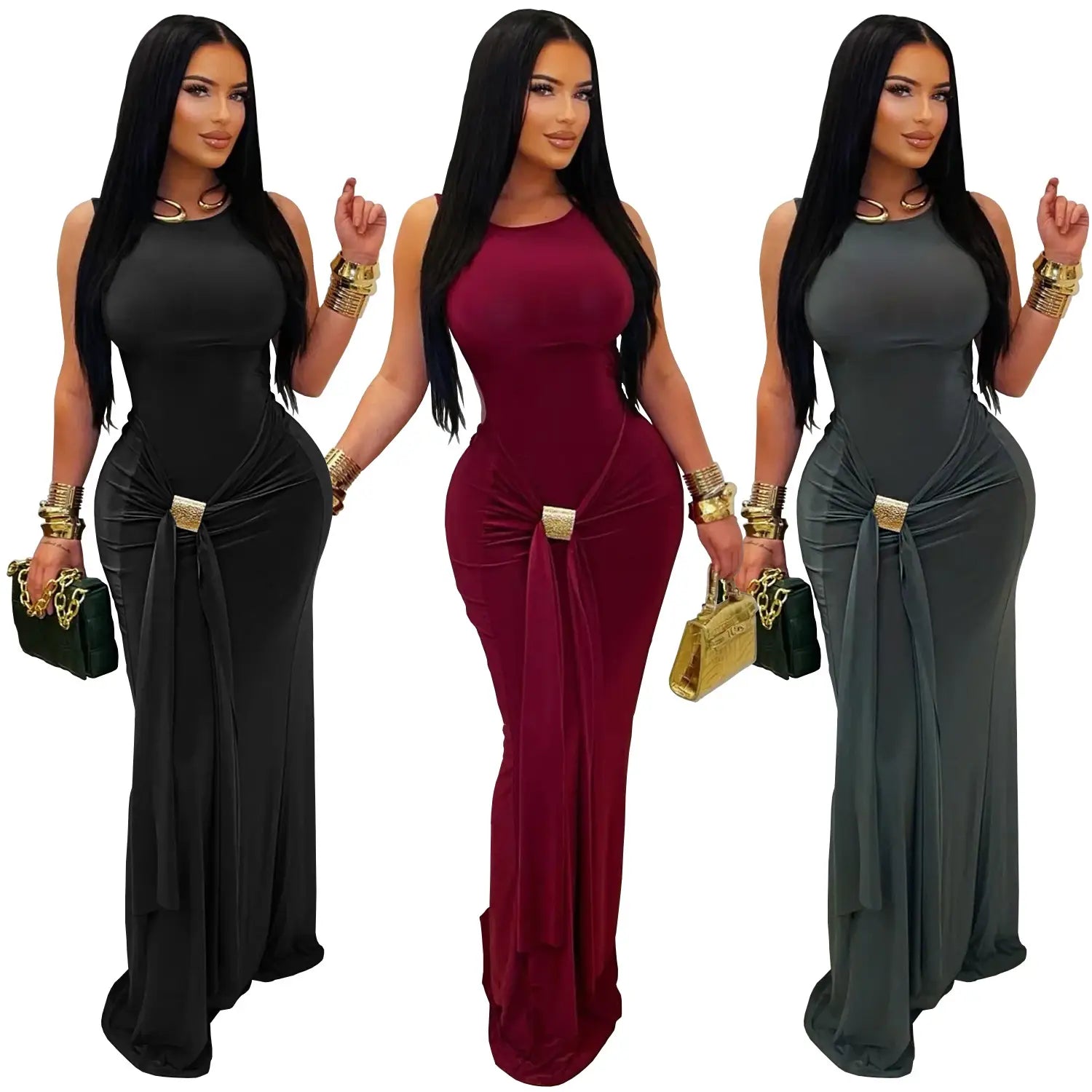 Fashion women’s elegant solid color slim backless dress