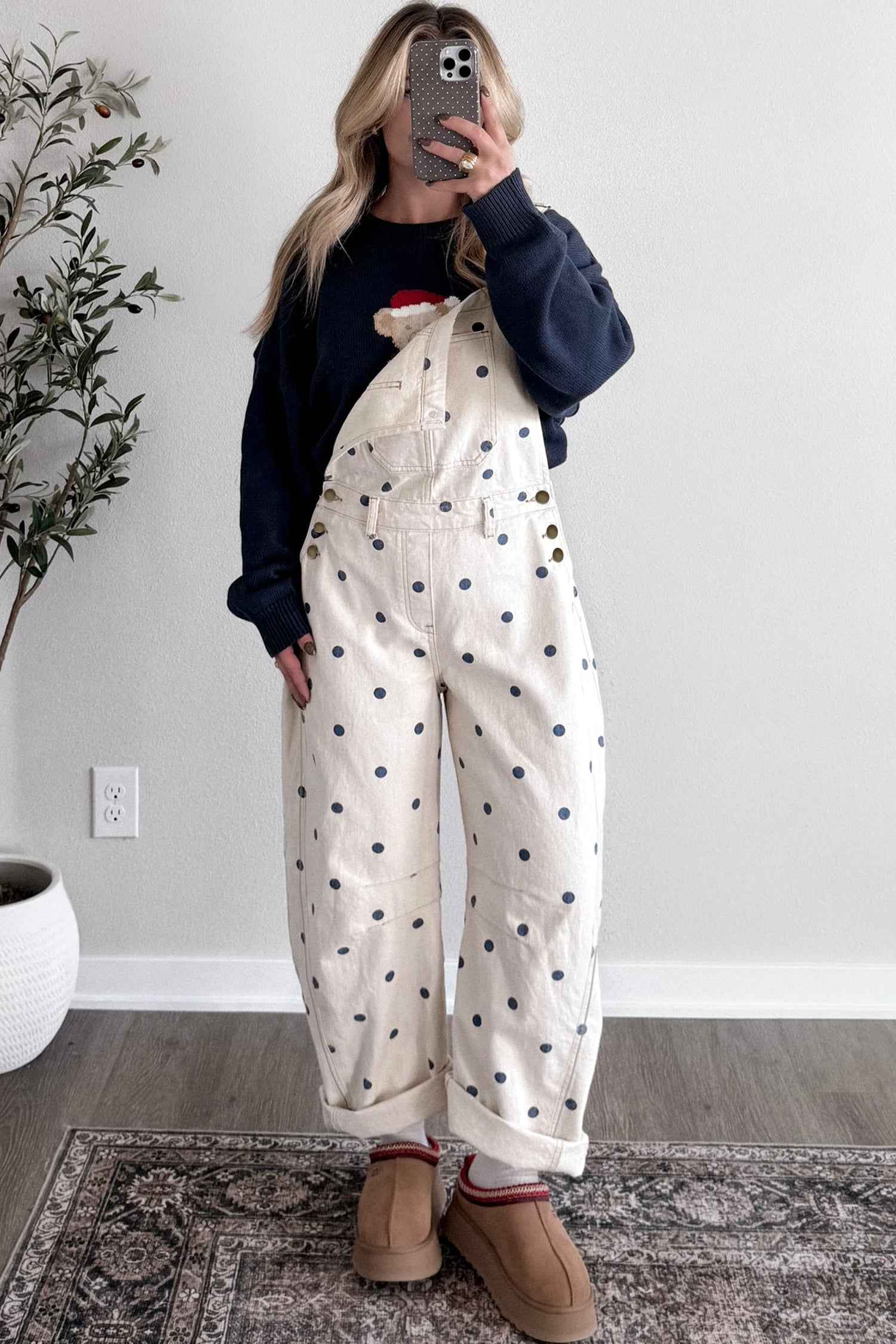 Jet Stream Polka Dot Print Bib Pocket Denim Barrel Overalls Jumpsuit
