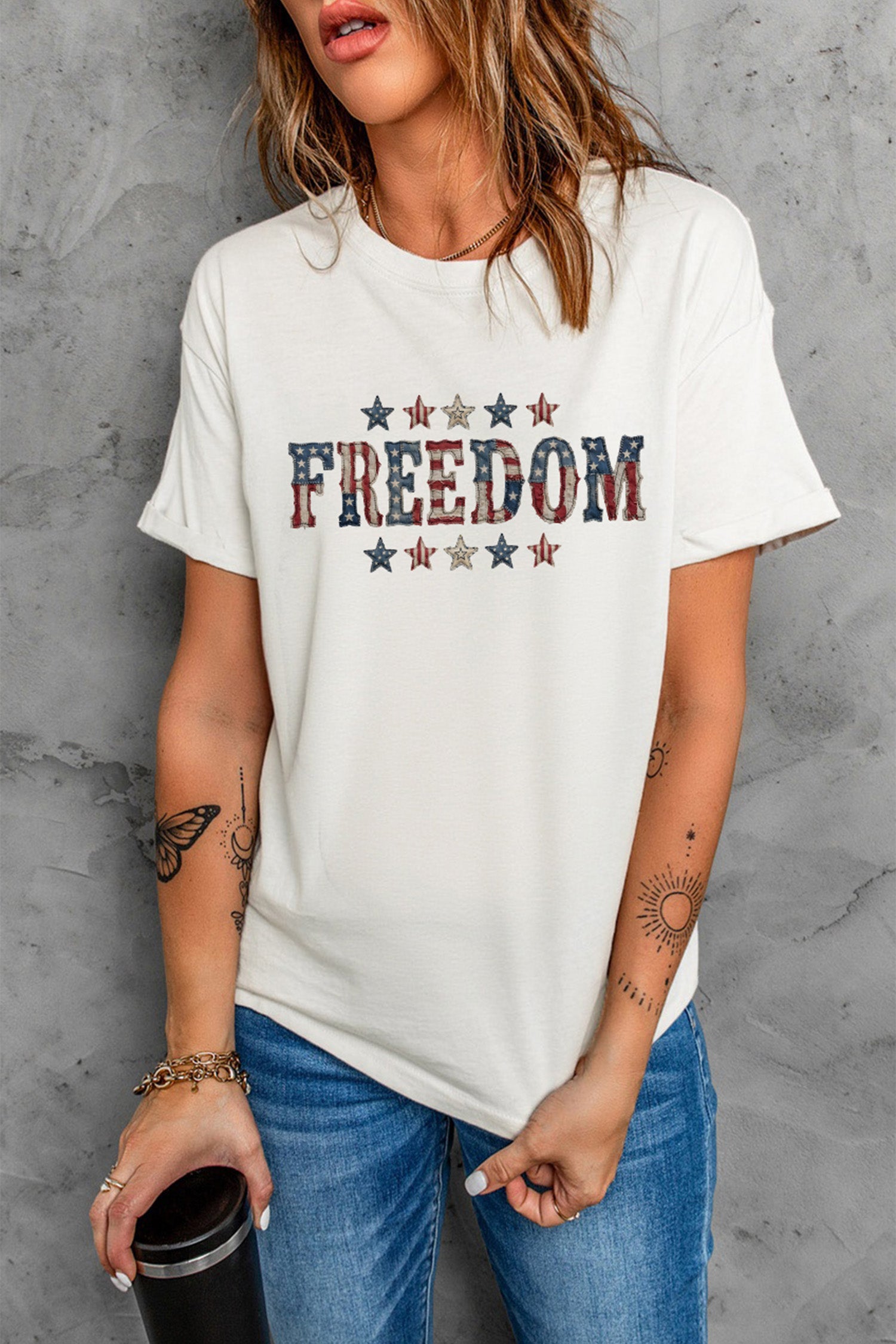 White FREEDOM Patriotic Letter Print Crew Neck T Shirt