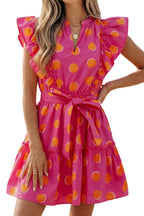Rose Double Polka Dot V Neck Ruffled Short Sleeve Dress