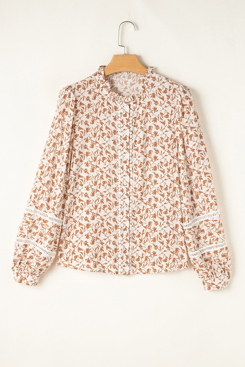 Blue Floral Print Lace Detail Puff Sleeve Shirt