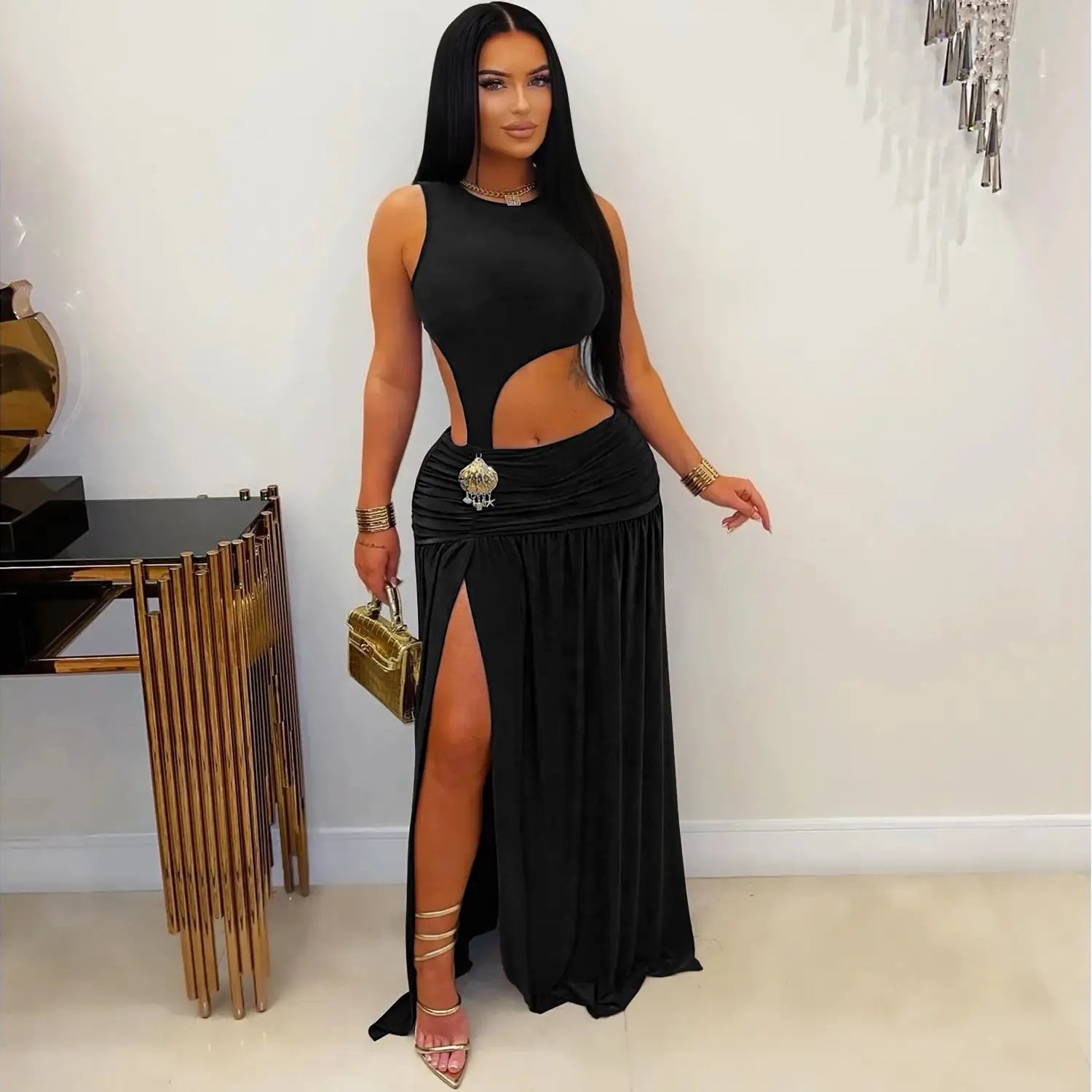 Fashion women’s sexy solid color sleeveless crop open fork dress