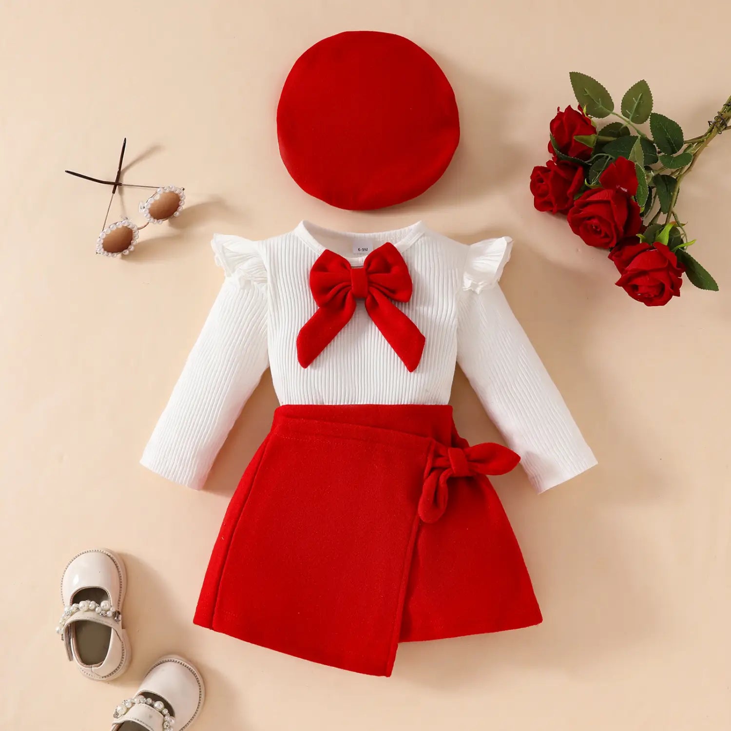 Fashion step girl big bow beret long sleeve top with velvet half skirt autumn/winter 3-piece set