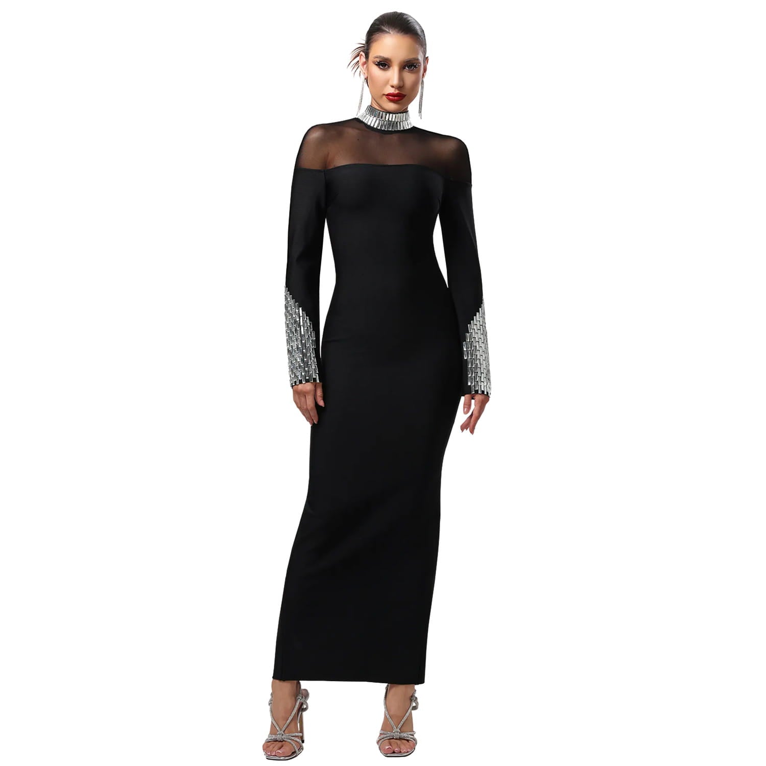Elegant high neck long sleeve fitted sequined dress for women