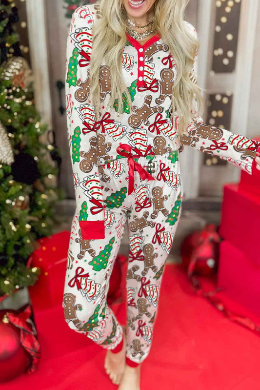 White Christmas Pattern Button V Neck Pullover Drawstring Pants 2pcs Lounge Set