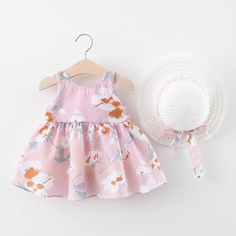 Summer new baby girl flower suspender skirt to send straw hat infant children european and american children’s skirt