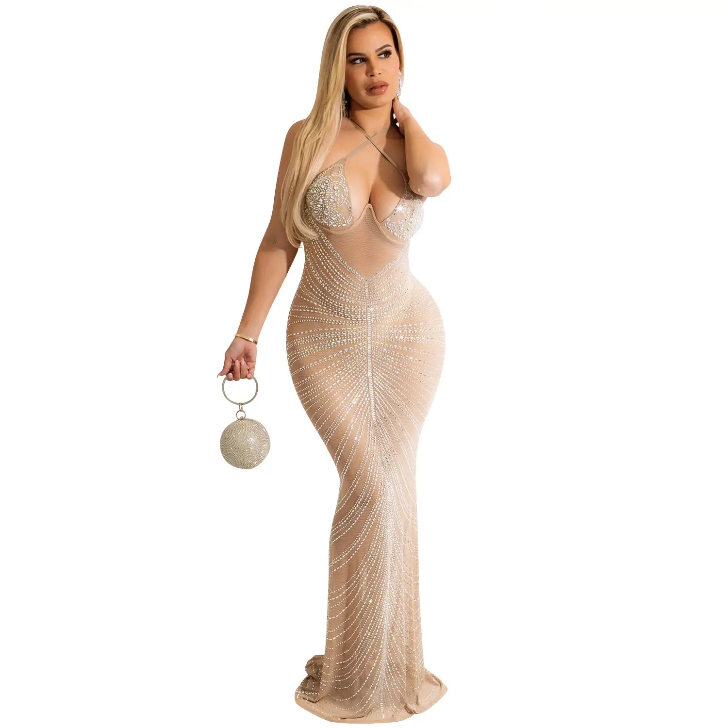 Fashion sexy beaded strapless sheer mesh long dress