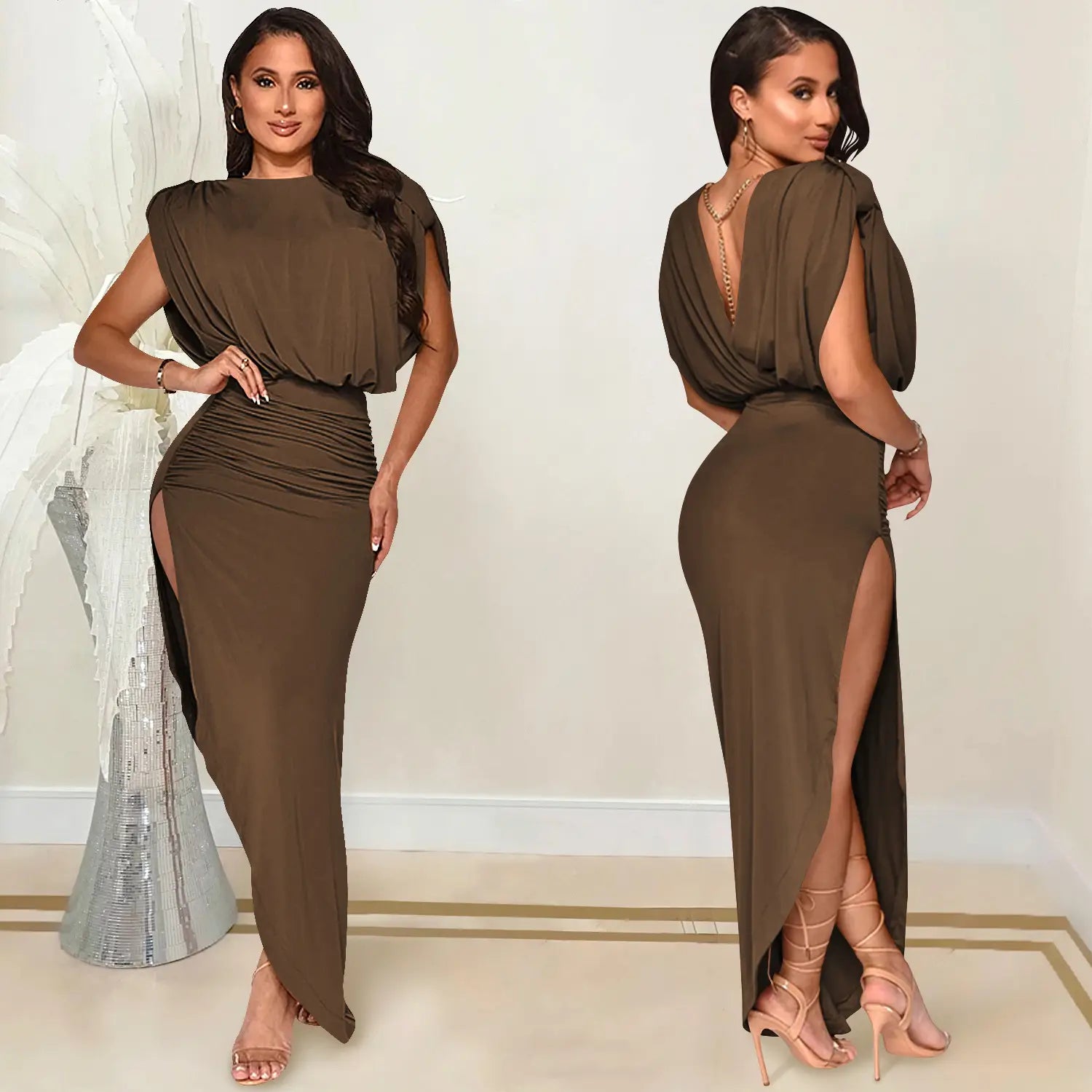 Fashion solid color women’s round neck sleeveless pleated asymmetrical slit long dress