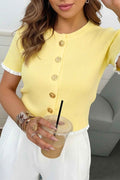 Yellow Cream Ribbed Knit Contrast Frilled Short Sleeve Sweater Cardigan