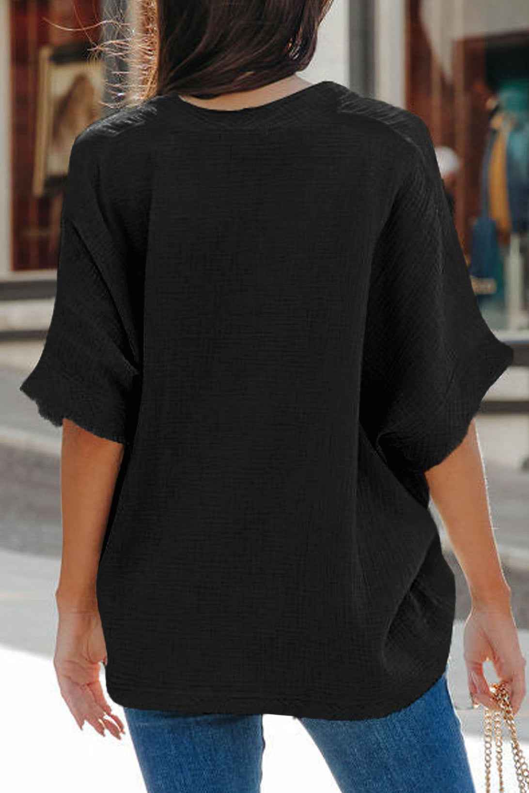 Black Frayed Batwing Sleeve Textured Cotton Blouse
