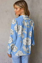 Sky Blue Floral Print Pleated Puff Sleeve Shirt