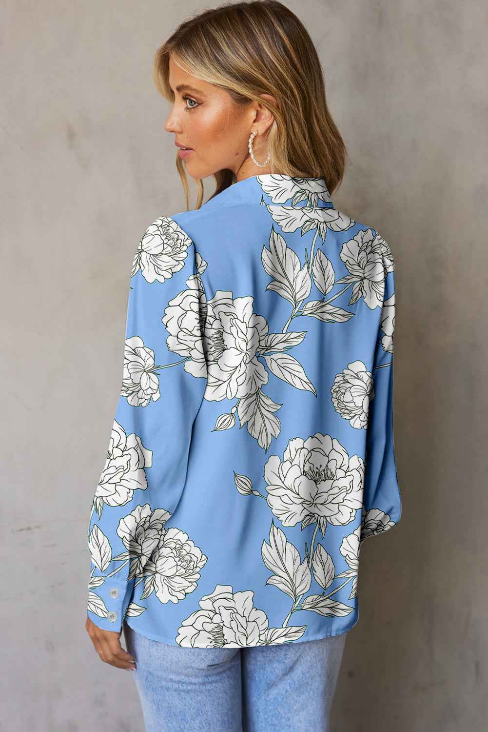 Sky Blue Floral Print Pleated Puff Sleeve Shirt