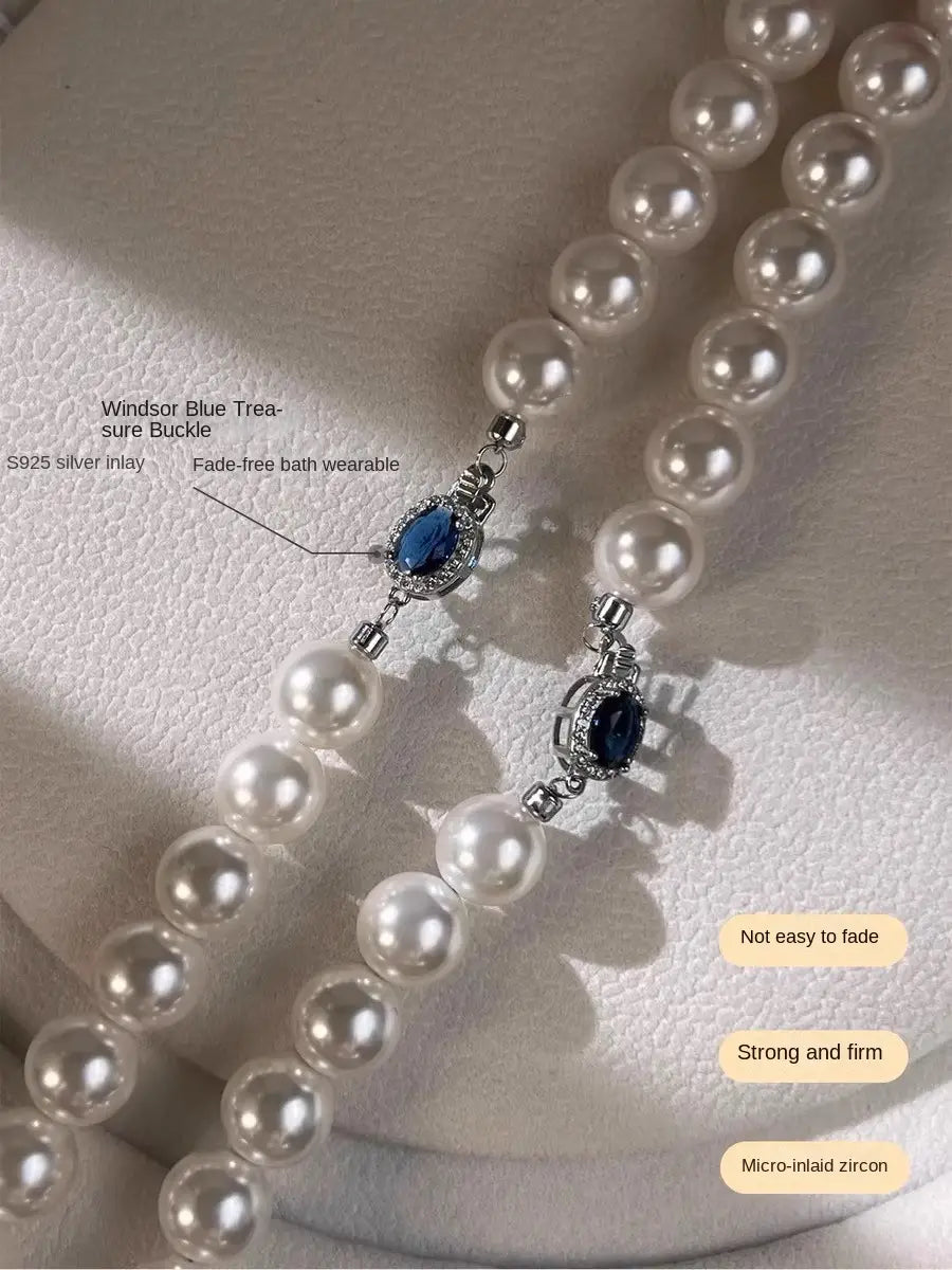 Natural mother-of-pearl pearl necklace silver blue gem clasp high luster premium quality pearl australian white necklace