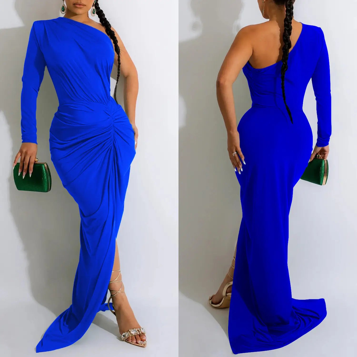 Fashion women’s solid color asymmetrical neck single long sleeve long dress with pleats