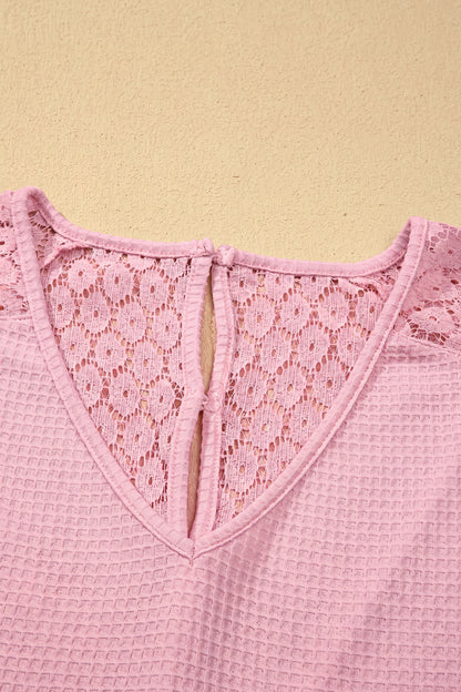 Pink Lace Splicing Button Cutout V Neck Waffle Knit Blouse