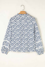 Blue Floral Print Lace Detail Puff Sleeve Shirt