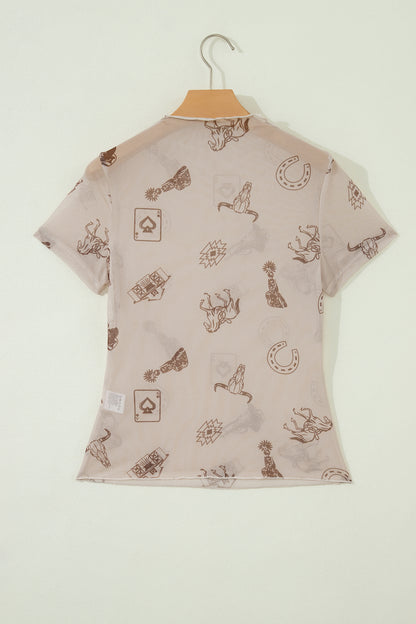 Brown Floral Printed Mesh Short Sleeve Top