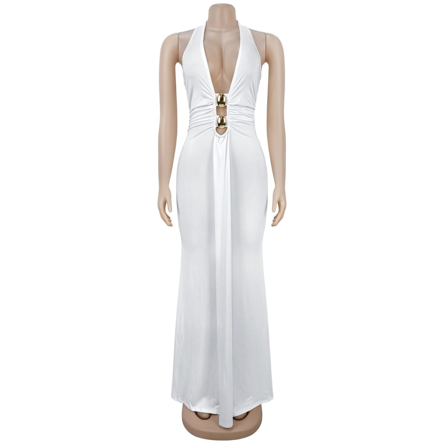 Fashion women’s sexy backless halter deep v neck solid color dress
