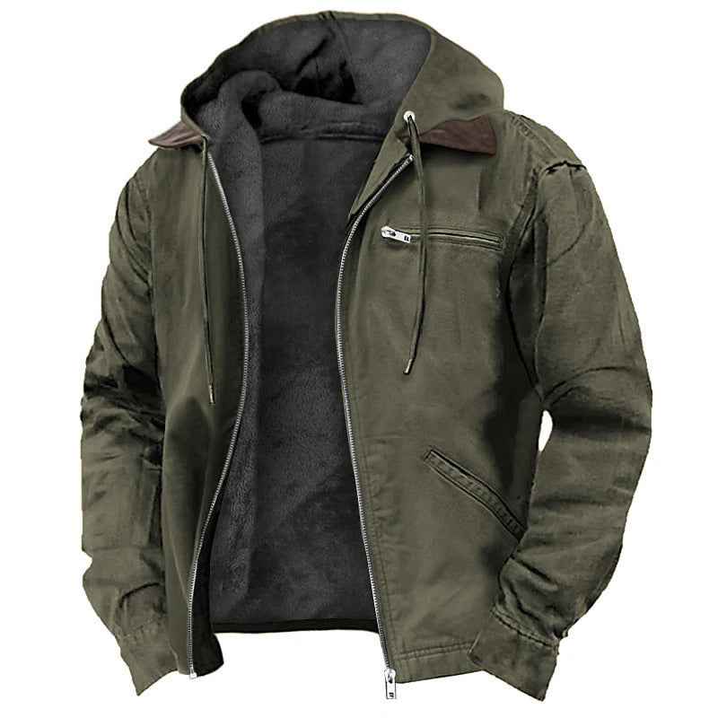 Casual Solid Color Hooded Cotton Jacket with Fleece Lining and Zipper Pockets for Men
