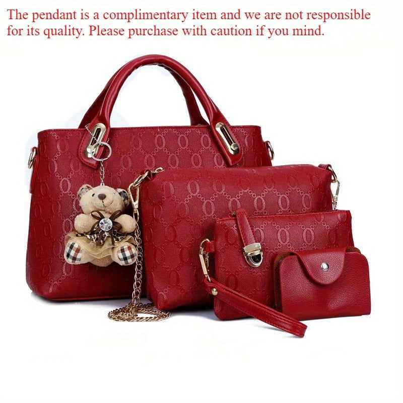 Retro Embossed 4pc Tote Set with Bear Charm