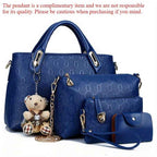 Retro Embossed 4pc Tote Set with Bear Charm