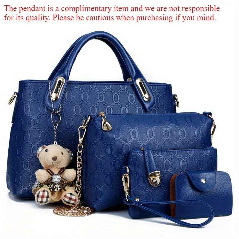Retro Embossed 4pc Tote Set with Bear Charm
