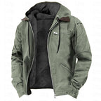 Casual Solid Color Hooded Cotton Jacket with Fleece Lining and Zipper Pockets for Men