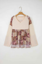 Beige Paisley Ethnic Print Waffle Patchwork Long Sleeve Loose Top