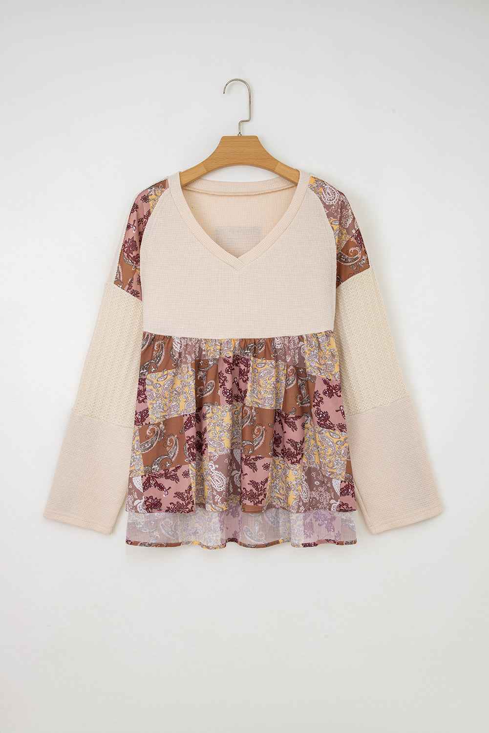 Beige Paisley Ethnic Print Waffle Patchwork Long Sleeve Loose Top