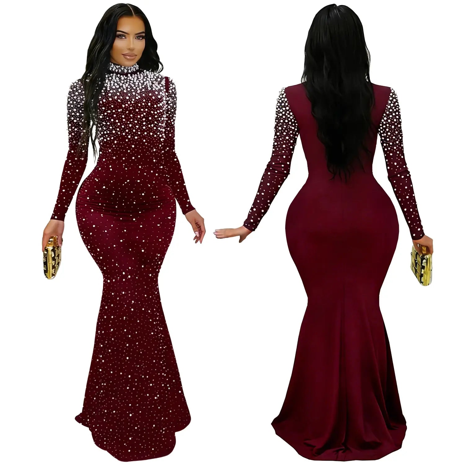 Elegant high neck rhinestone beaded bodycon dress for women fashion