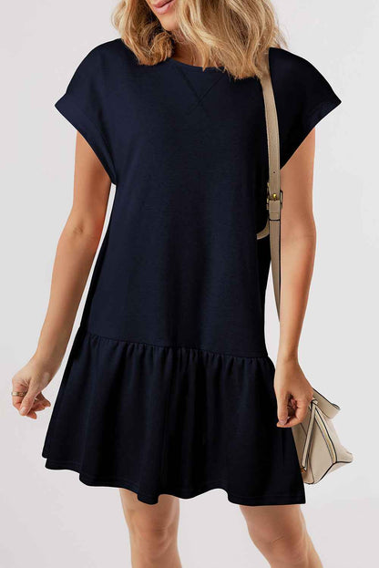 Navy Blue Solid Color Cap Sleeve Ruffle Hem Casual Short Dress