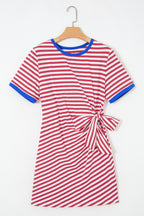 Sky Blue Stripe Nautical Tie Contrast Trim Round Neck T Shirt Mini Dress