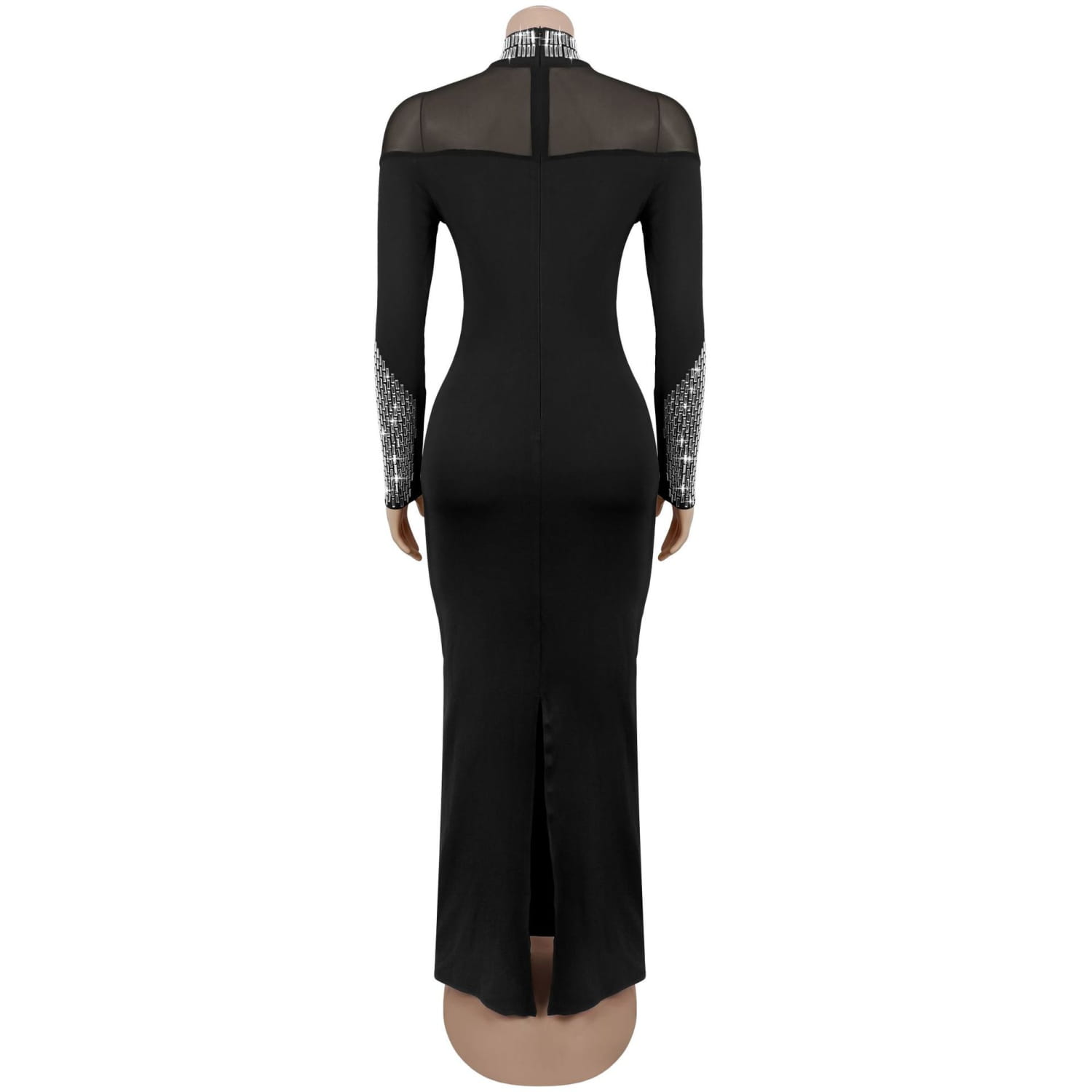Elegant high neck long sleeve fitted sequined dress for women