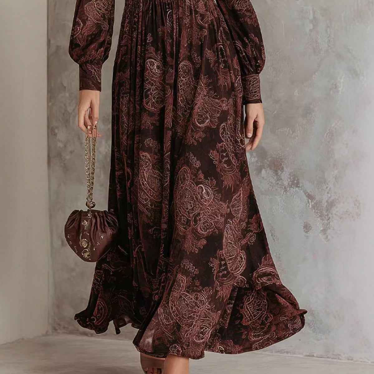 Style Vintage Print Long Sleeve V-Neck Fitted Bubble Sleeve Maxi Dress