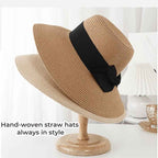 Chic Bowtie Straw Sun Hat Wide Brim Adjustable Lightweight