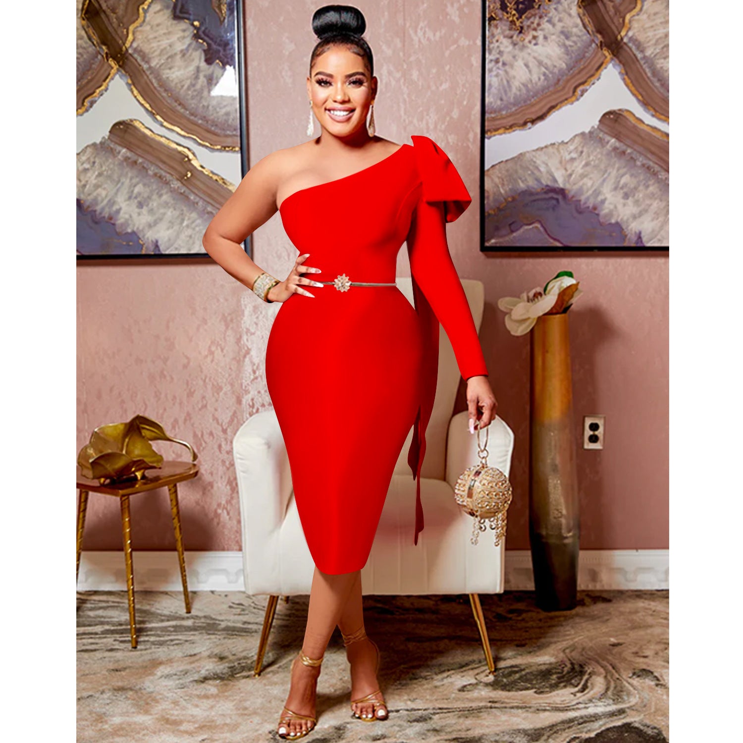 Chic Women's Single Long Sleeve Dress with Asymmetrical Neckline and Bow Ribbon Detail
