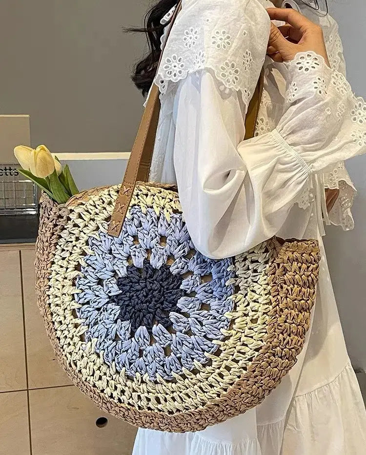 Paper rope hollow out colorful round plate grass woven bag casual beach bag one shoulder fashionable woven bag