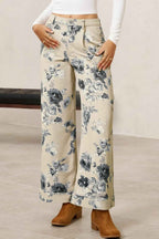 Beige Retro Floral Print Turn-up Cuffed Hem Loose Jeans