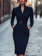 Elegant Spring Autumn Long Sleeve Pocket Dress with Belt