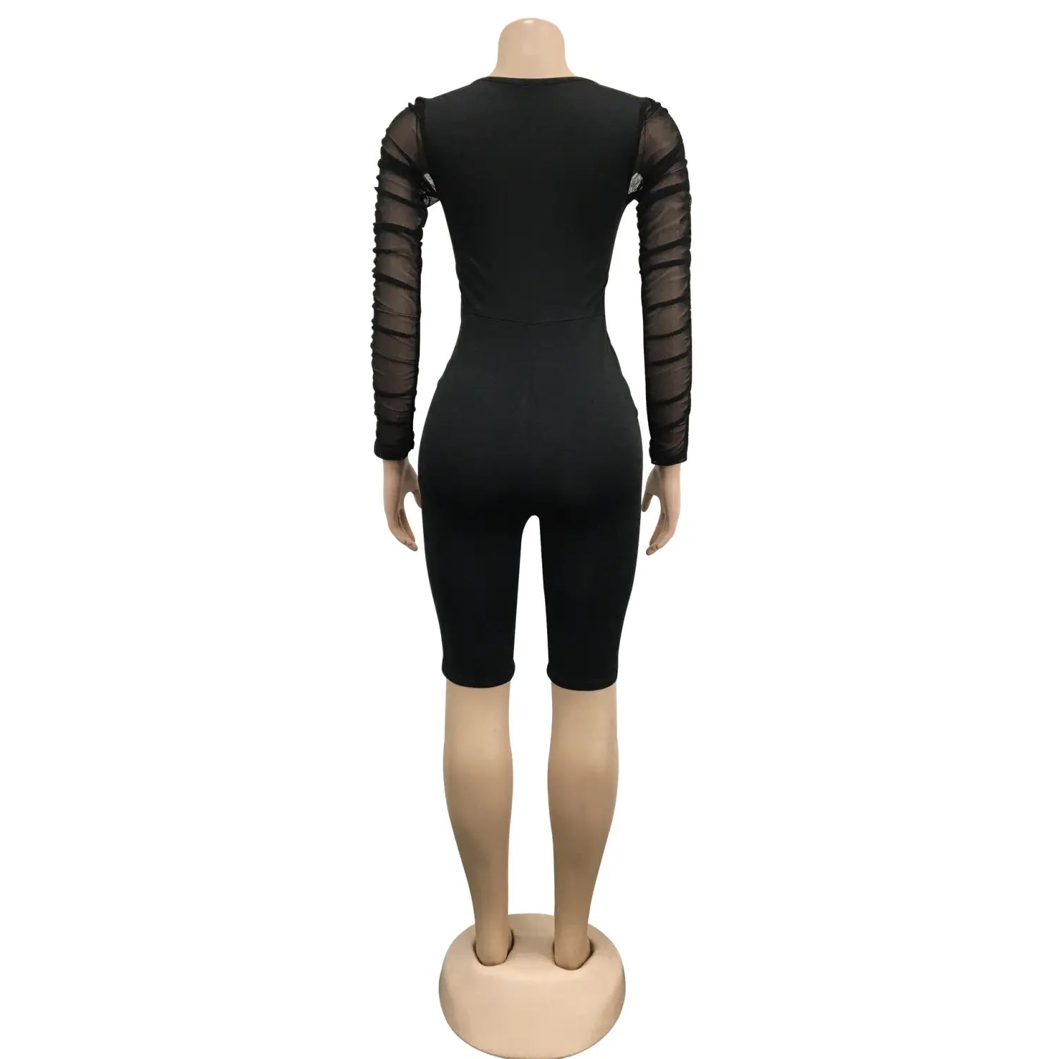 Fashion women’s solid color long sleeve short pants mesh sheer jumpsuit