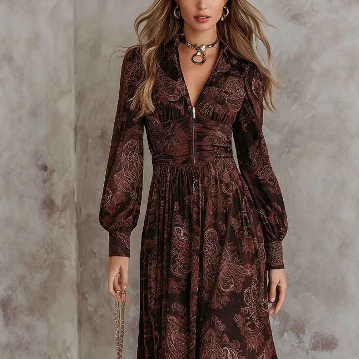 Style Vintage Print Long Sleeve V-Neck Fitted Bubble Sleeve Maxi Dress